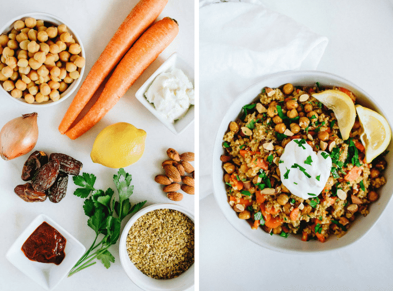 Blue Apron Roasted Chickpea and Freekeh salad recipe ingredients on the left and final shot in bowl on the right