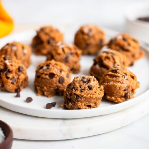 healthy cookie dough bites served on white plate