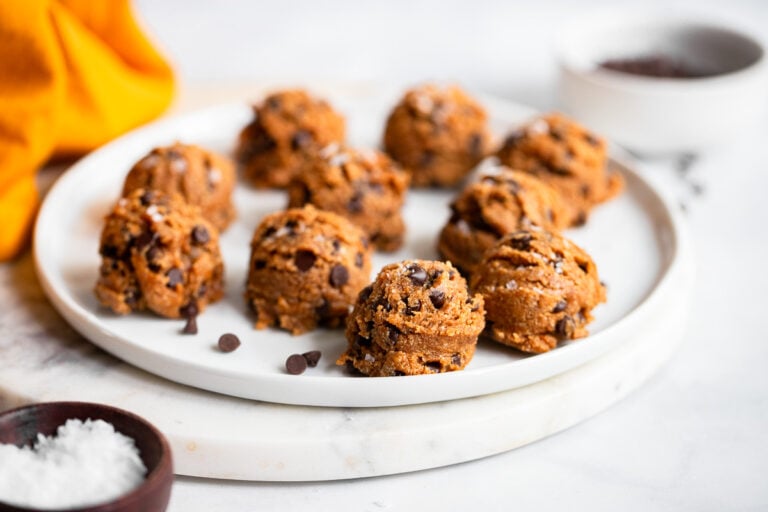 healthy cookie dough bites served on white plate