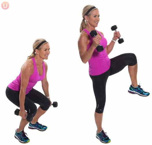 demonstration of Squat curl with a kick for bad knees