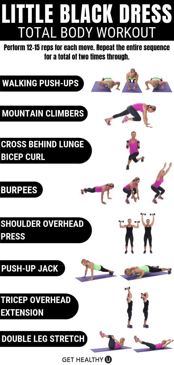 Graphic of fitness exercises to perform for the total body little black dress workout