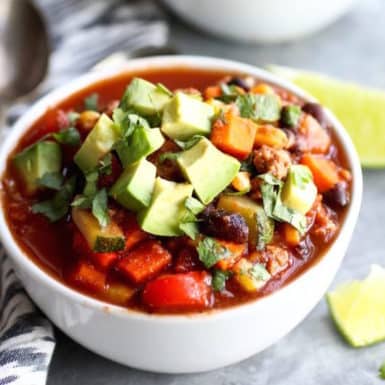 This healthy veggie loaded turkey chili recipe is perfect for a comforting but still good for you dinner!
