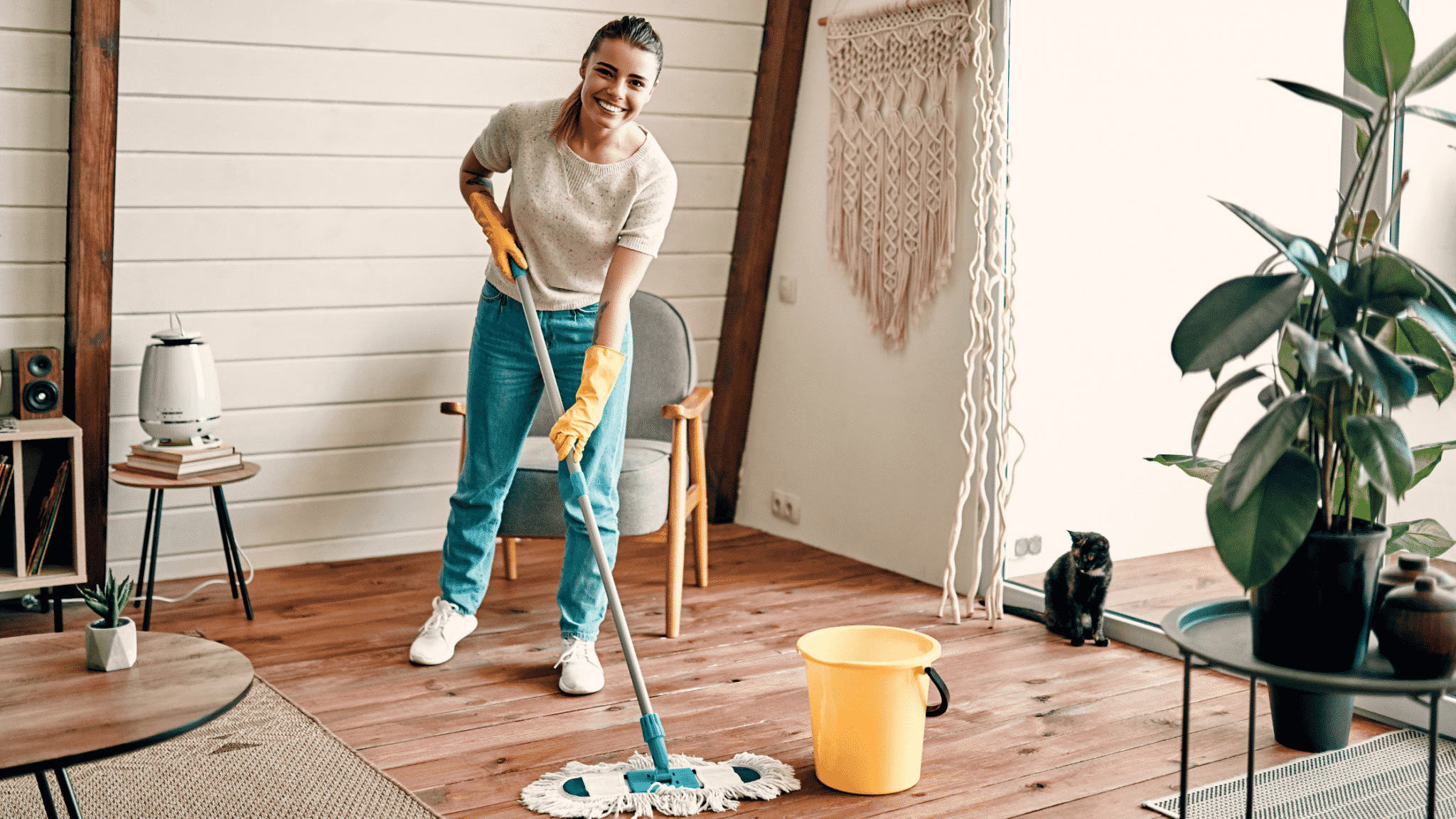 woman cleaning the wood floor