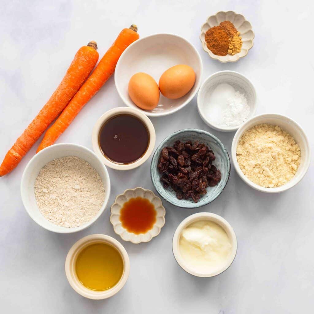 raw ingredients for healthy carrot cake muffins