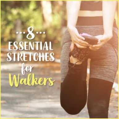 Woman holding foot stretching outside with text: 8 Essential Stretches For Runners