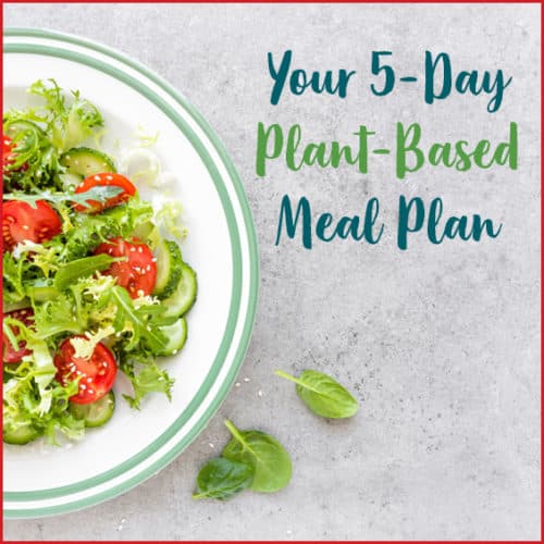 Simple salad in bowl with text: Your 5-Day Plant-Based Meal Plan