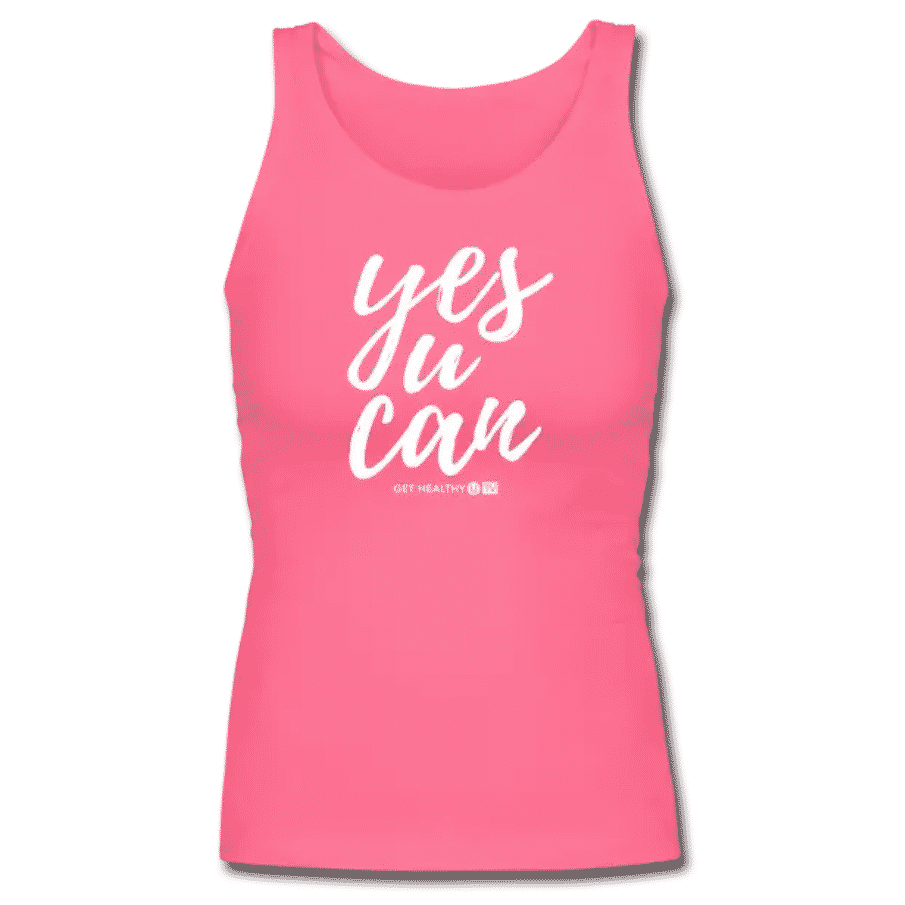 Get Healthy U TV workout tank with "yes U can" written on front