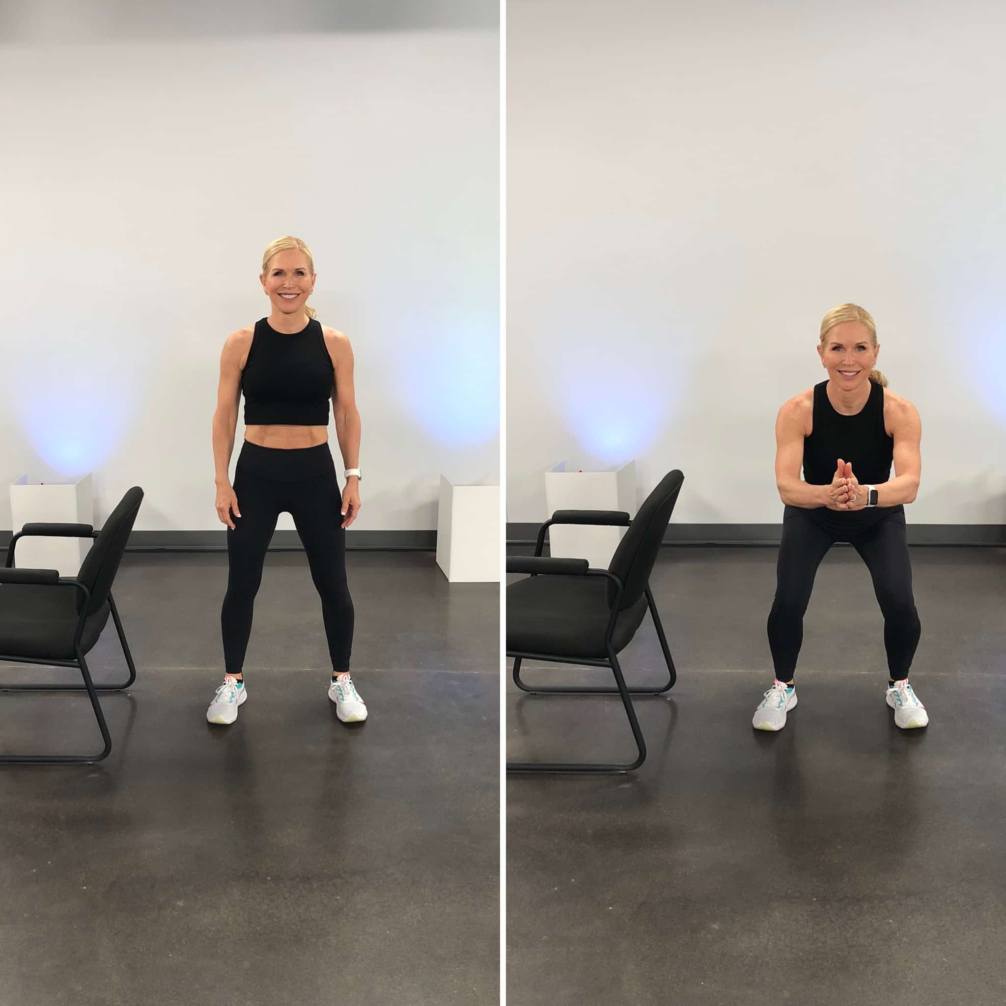 Chris Freytag standing and doing an air squat with a chair next to her to improve balance