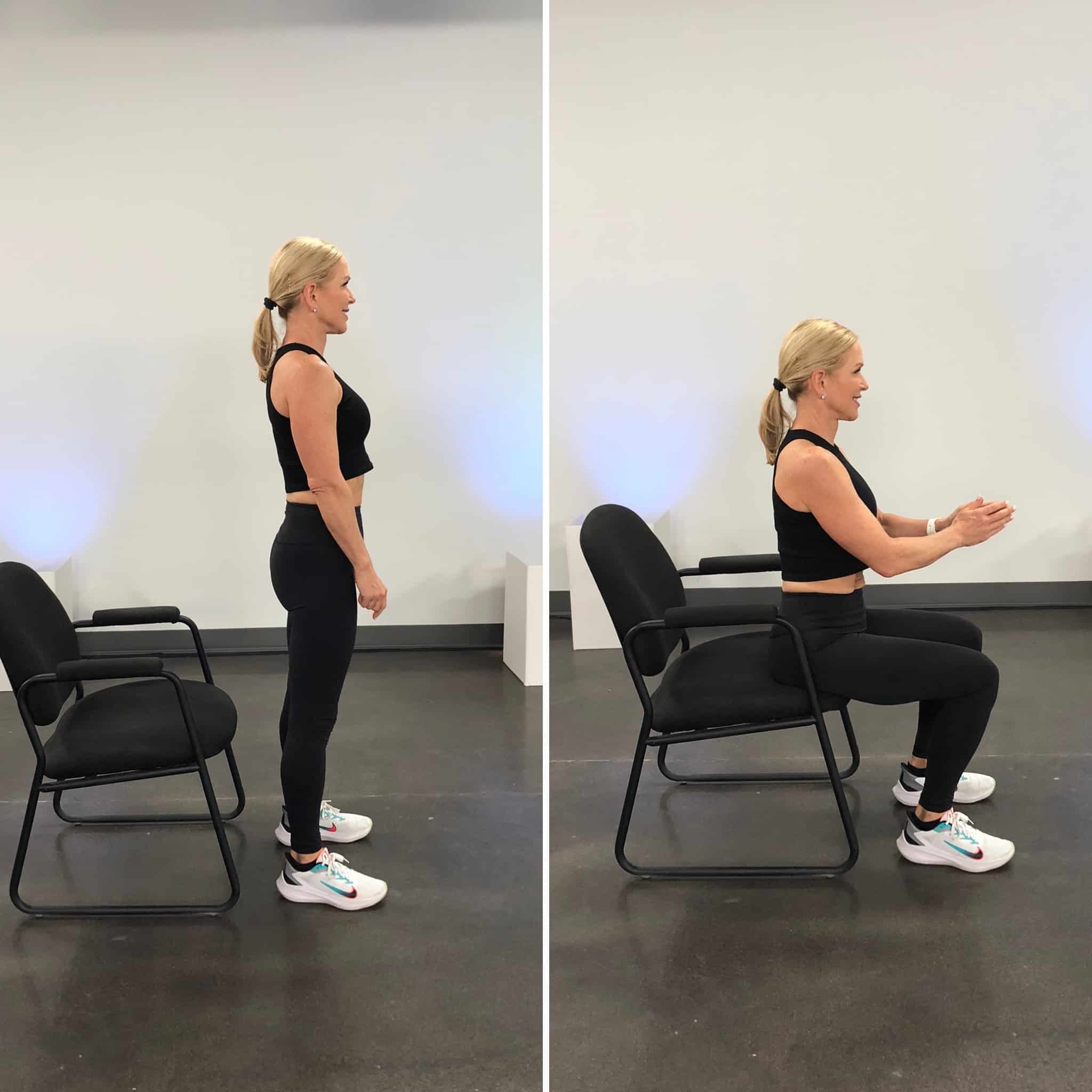 Chris Freytag demonstrating the two positions of a chair squat using a black chair to improve balance