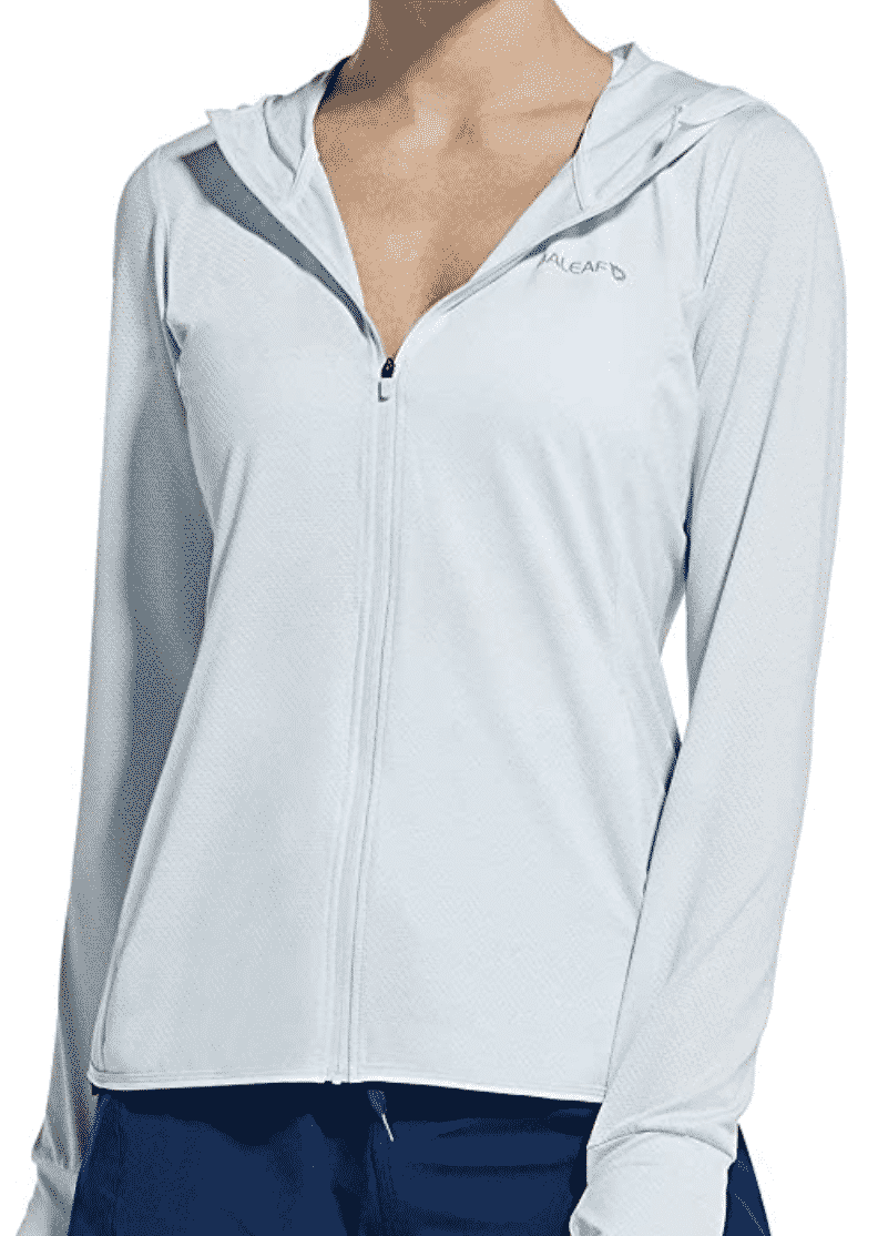 Young woman in UPF light blue shirt UPT 50+ from Amazon