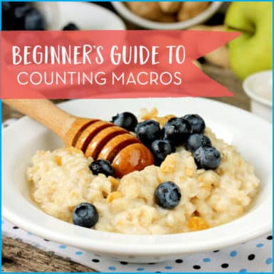 Bowl of oatmeal with blueberries and honey with text: "Beginner's Guide To Counting Macros"