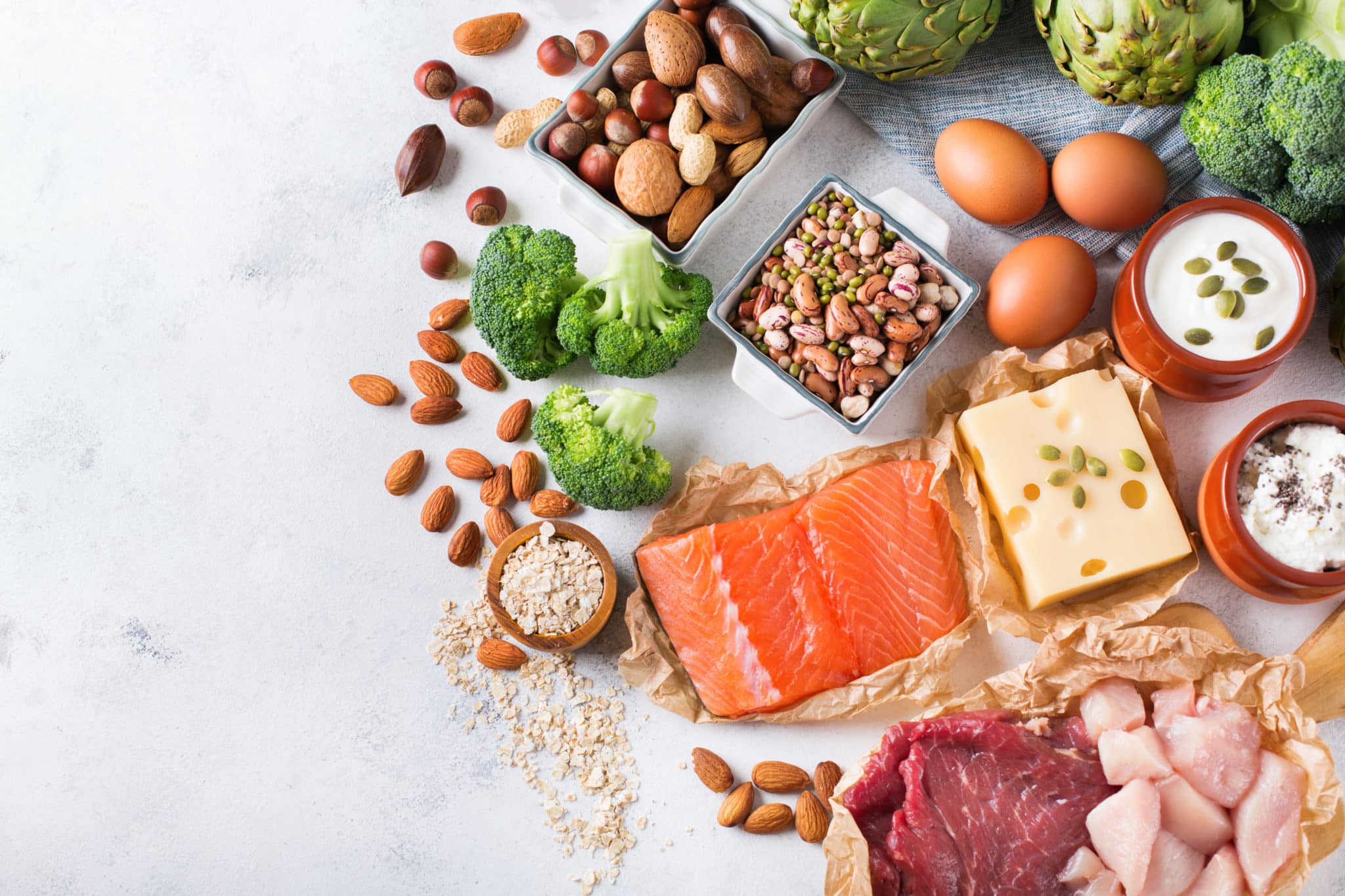 Table of proteins like salmon, red meat, cheese, eggs and nuts