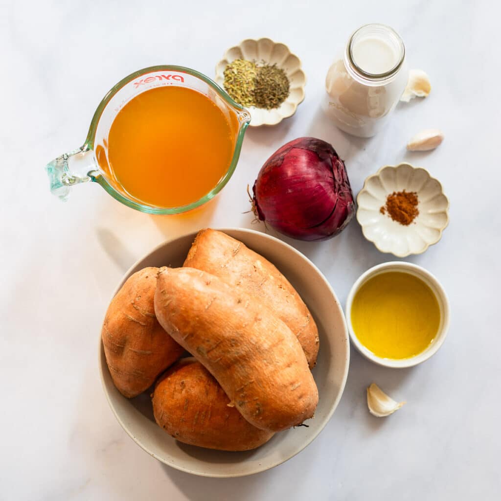 raw ingredients for roasted sweet potato soup