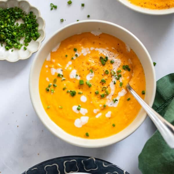 roasted sweet potato soup in bowl