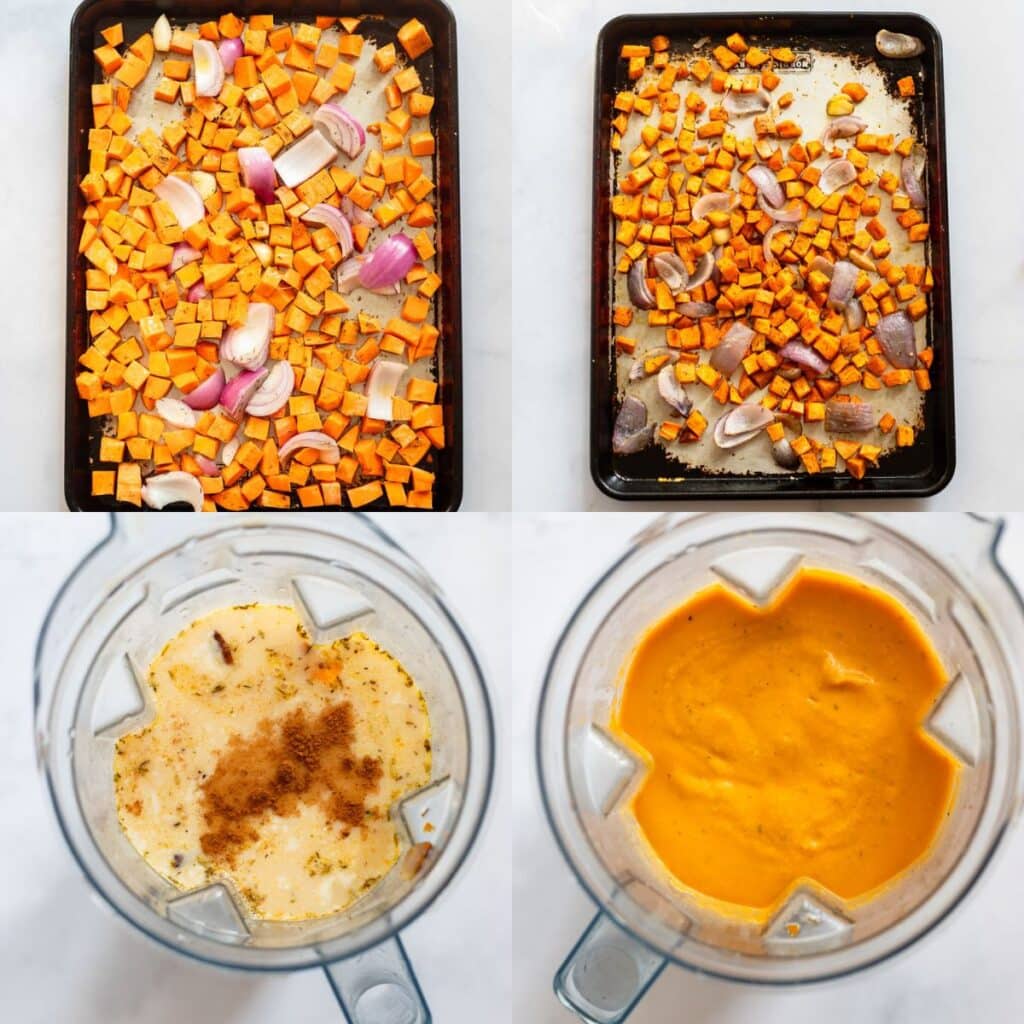 four step process of making roasted sweet potato soup