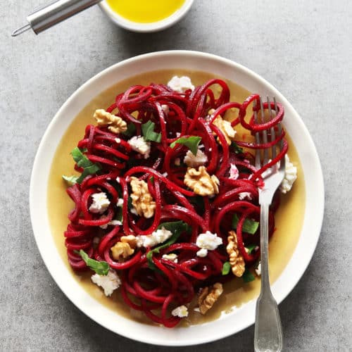 Spiralized beet salad with cucumbers, feta and mint