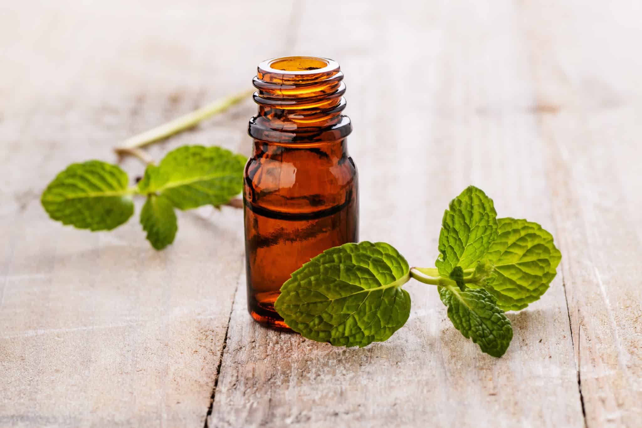 Brown bottle of peppermint oil with fresh mint leaves on table