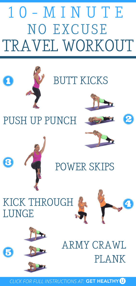 Graphic of fitness exercises to perform for the 10-minute travel workout