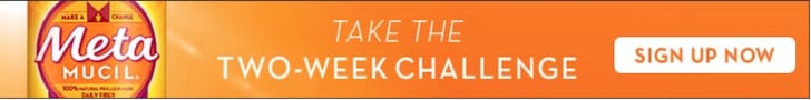 Orange Banner with white text "take the two week challenge; sign up today." Metamucil branding on left side corner.