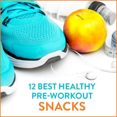 Tennis shoes, apple, water bottle and headphones on white floor with text: "12 Best Healthy Pre-Workout Snacks"