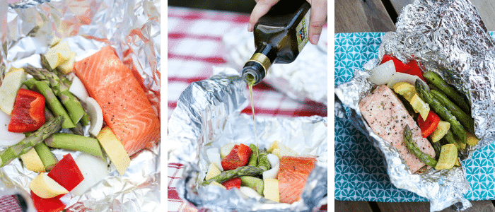 Step by step photos of how to make foil packet salmon and veggies