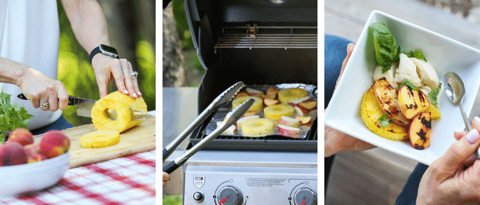 Step by step photos of how to make grilled peaches and pineapple