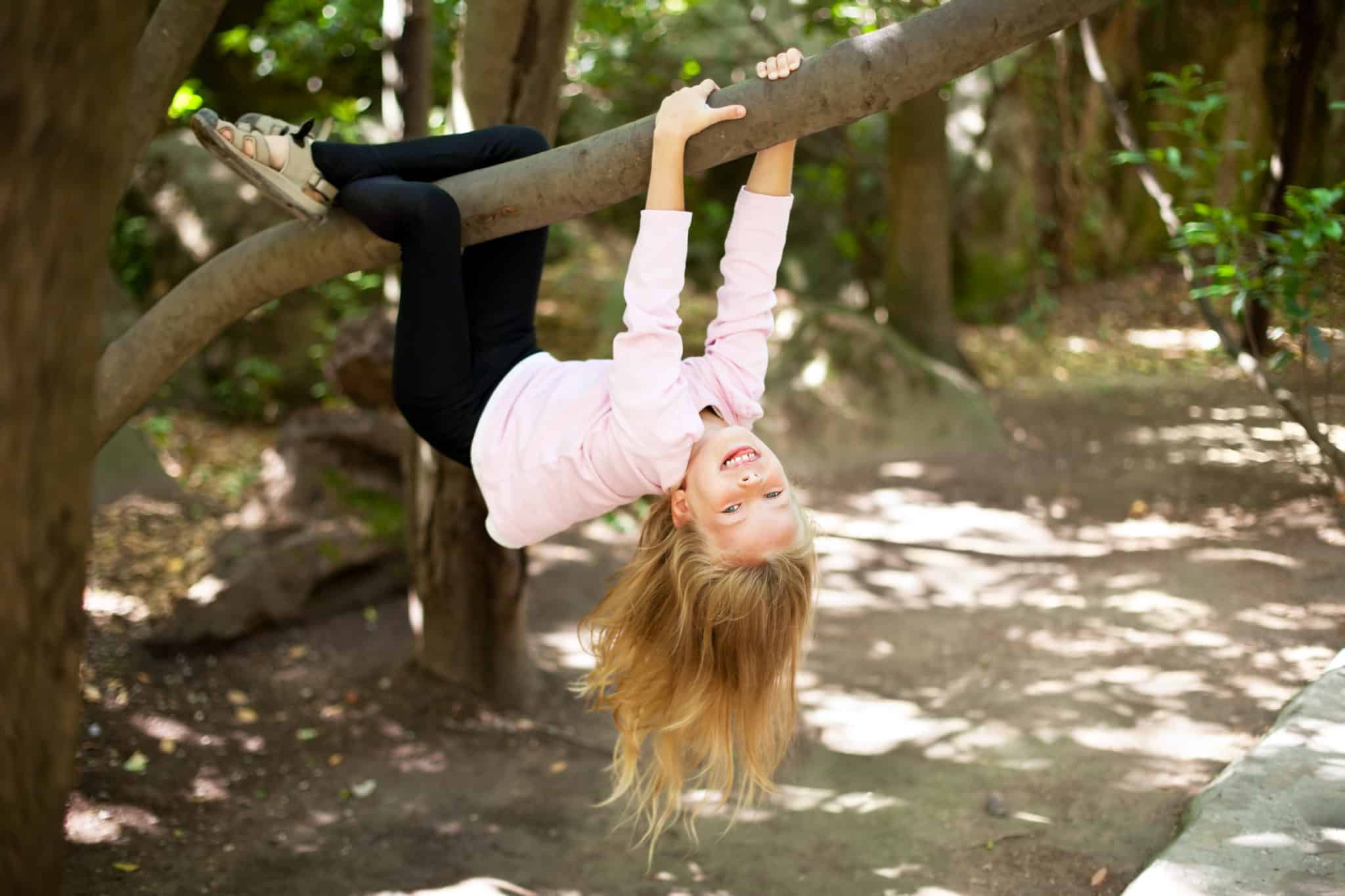Little girl hanging from a tree branch smiling