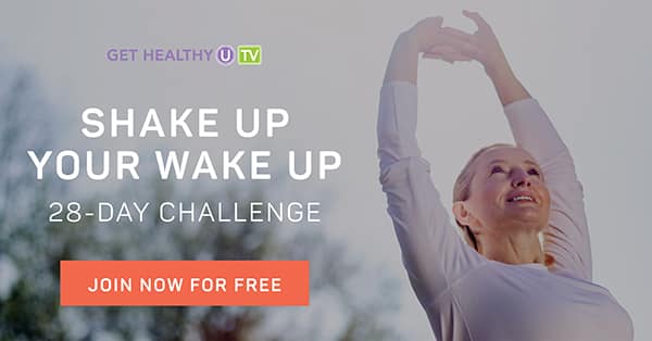 Woman stretching outside in the morning with text: Shake Up Your Wake Up 28 Day Challenge