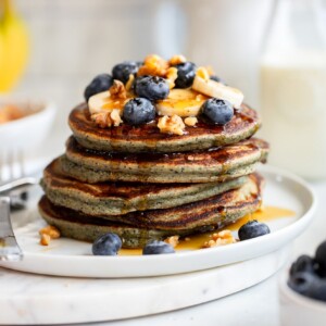 stack of blueberry protein pancakes