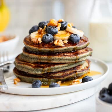 stack of blueberry protein pancakes