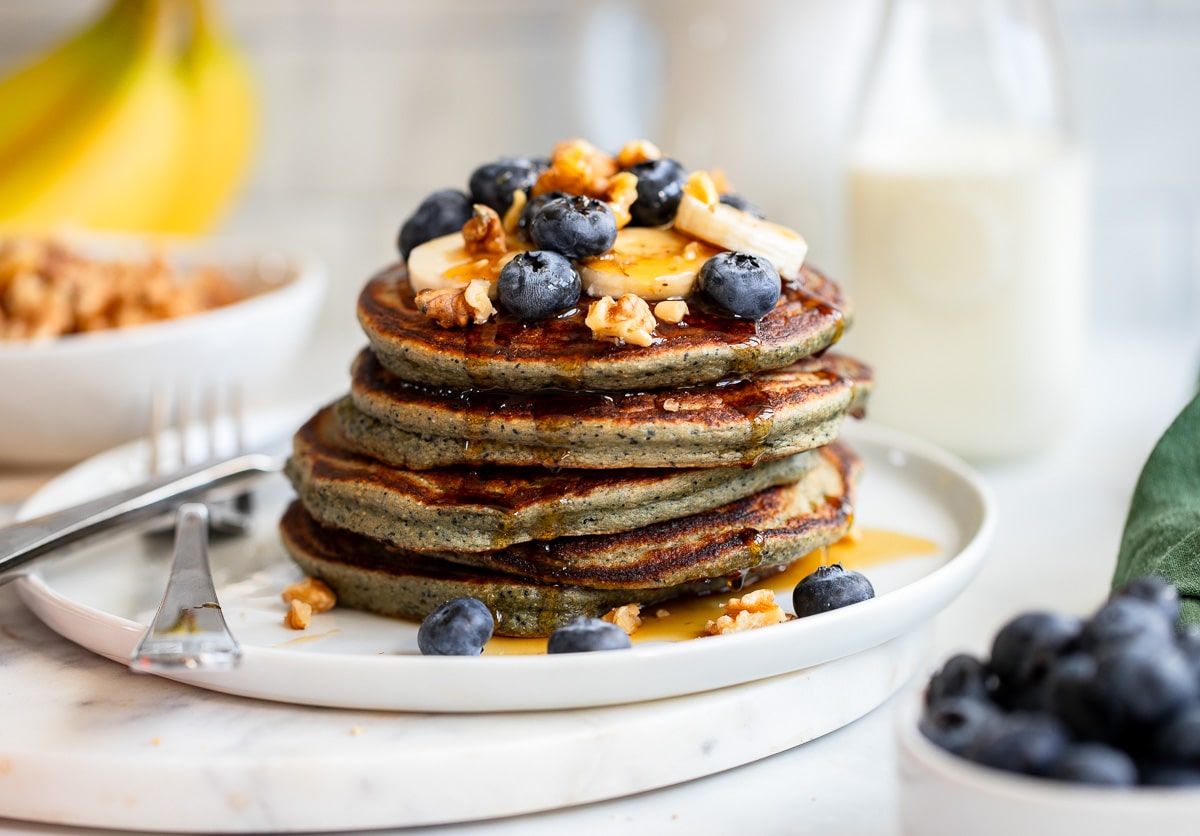 Stack of berry protein pancakes