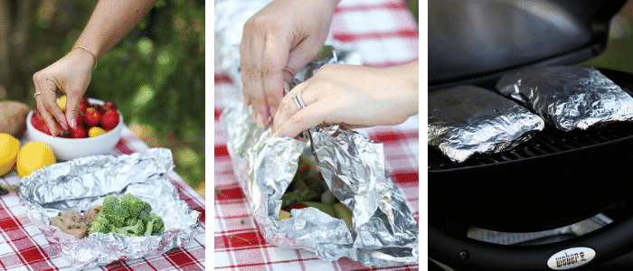 Step by step pictures of how to make foil packet grilled chicken and vegetables