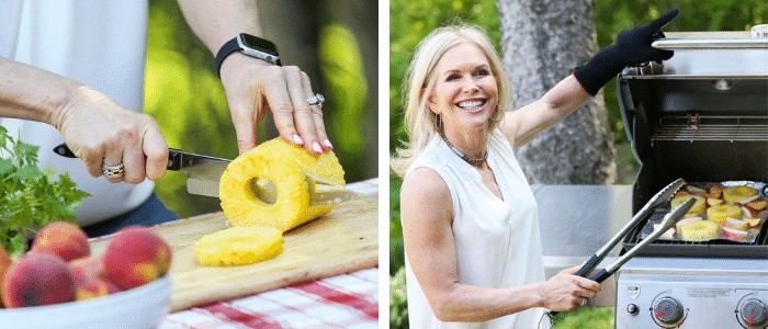 Photo of Chris Freytag cutting pineapple into rings and grilling with peaches