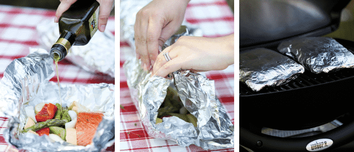 3 step by step photos of how to make foil packet salmon and veggies