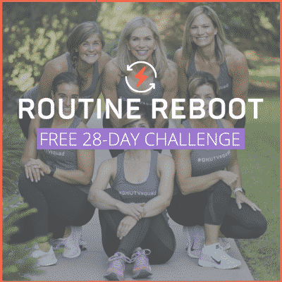Get Healthy U TV fitness trainers with text "Routine Reboot Free 28-Day Challenge"