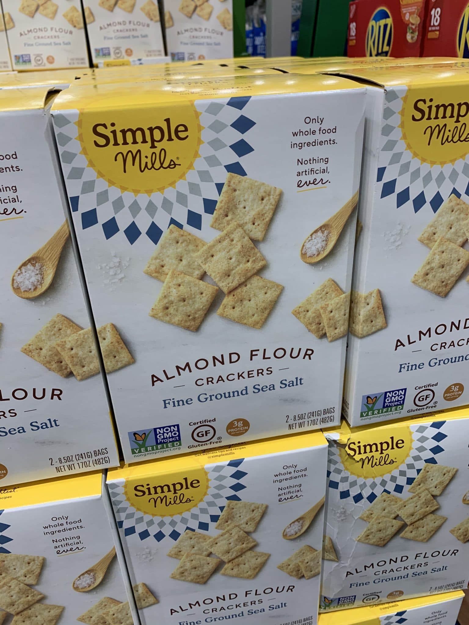 almond flour crackers from costco in yellow and white box