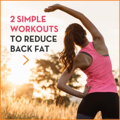 Woman outdoors in pink tank top facing away stretching arms and back with text "2 Simple Workouts To Reduce Back Fat"