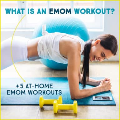 Woman doing an EMOM workout in living room looking at phone timer with text" What is an EMOM Workout? + 5 At-Home EMOM Workouts"