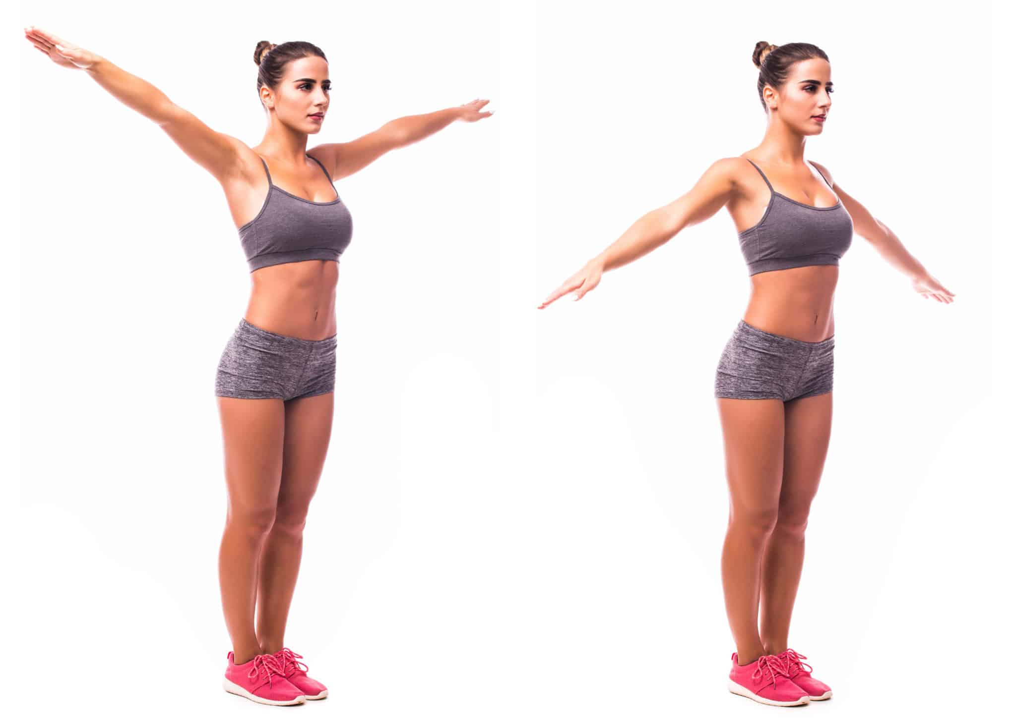 Young woman performing arm circles for a chest workout warm-up