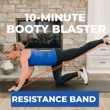 Chris Freytag wearing a bright blue tank top and black yoga pants doing a resistance band press back with text "10-minute booty blaster + resistance band with blue background."