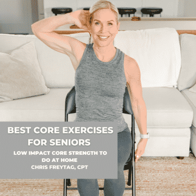 Chris Freytag sitting in a black folding chair with text "Best Core Exercises for seniors, Low Impact Core Strength To Do At Home, Chris Freytag CPT"