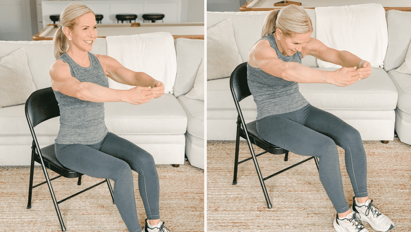 Chris Freytag demonstrating core exercises for older adults – seated half roll-back