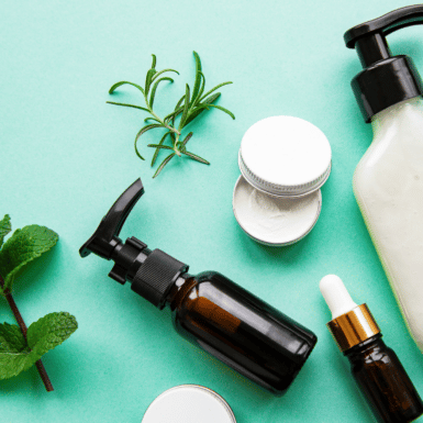 beauty products on green table