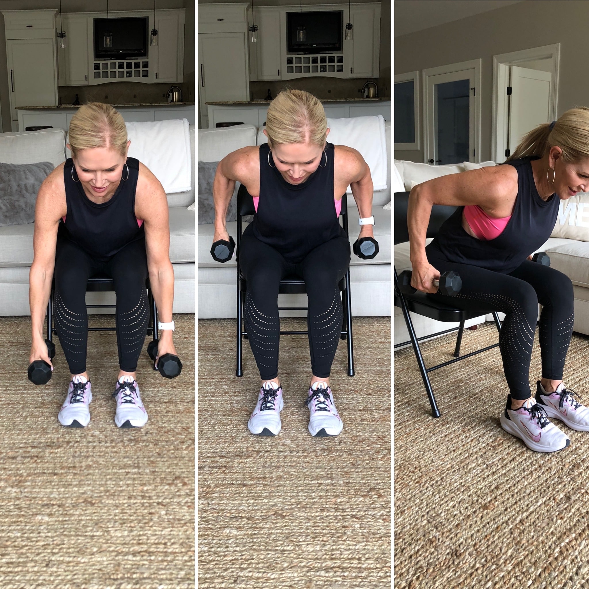 Chris Freytag performing a seated bent over row on a black folding chair, showing 3 different angles of the seated bent over row.
