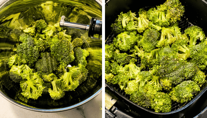 Side by side photos of seasoning broccoli and placing in air fryer