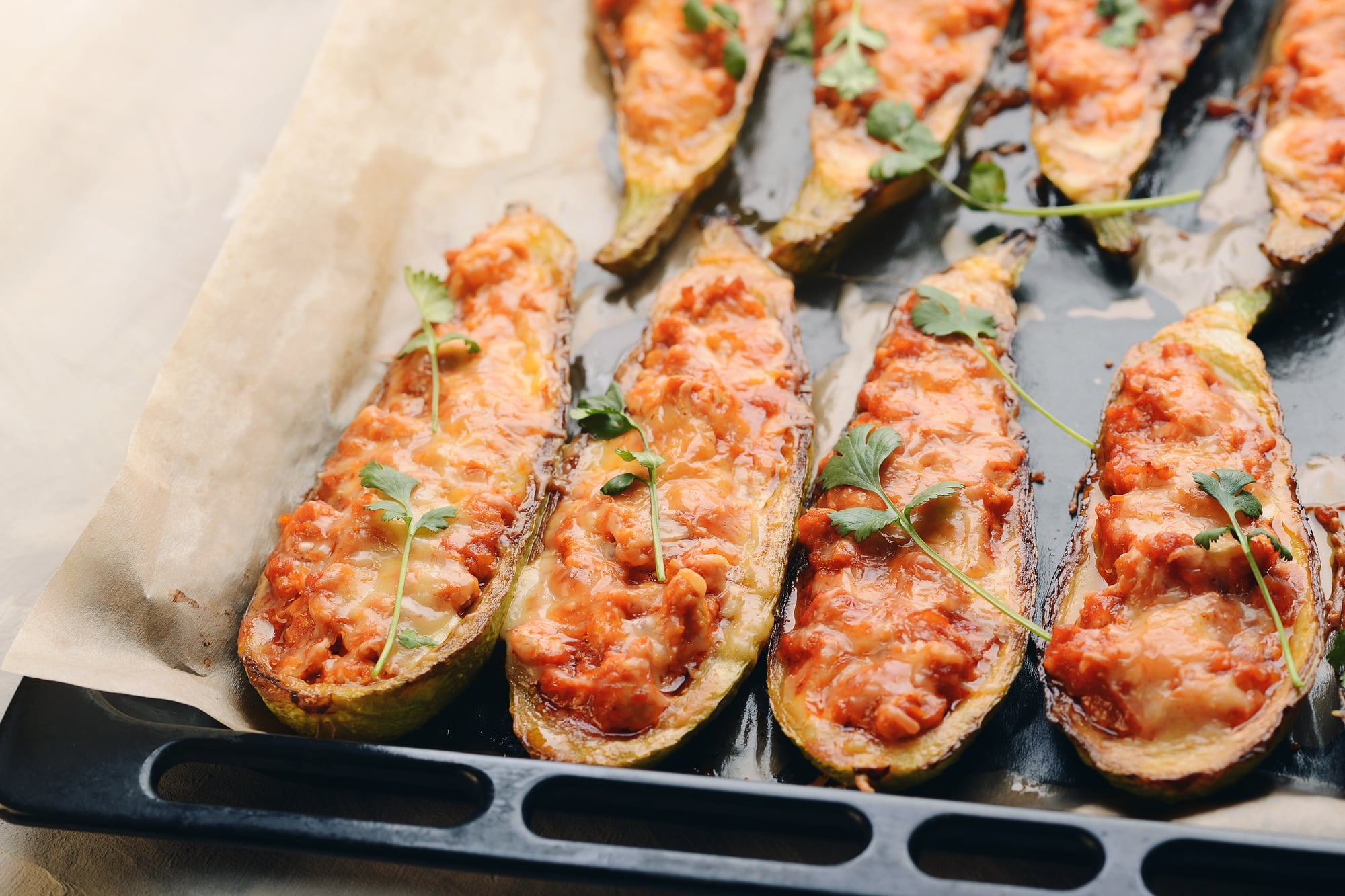 pan of stuffed zucchini boats