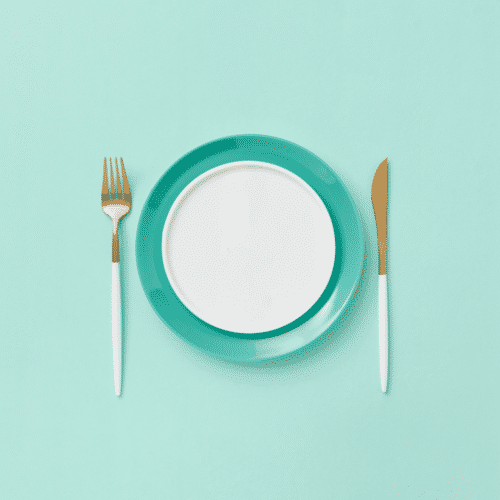 blue background with plate and fork