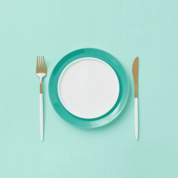 blue background with plate and fork