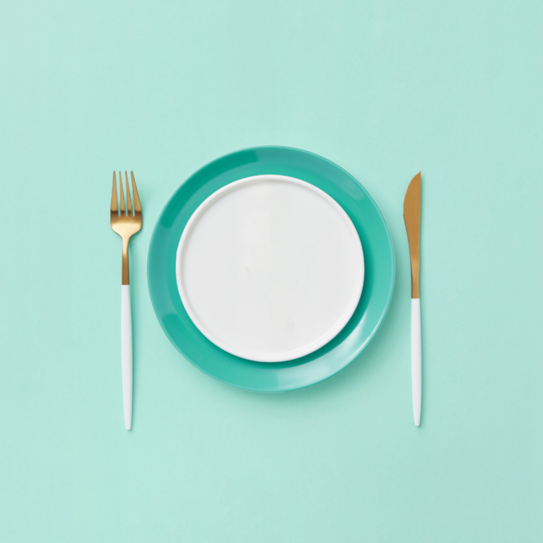 blue background with plate and fork