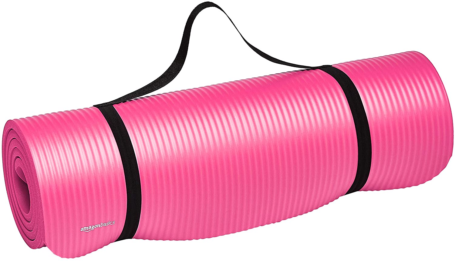 A pink exercise mat rolled up with a handle